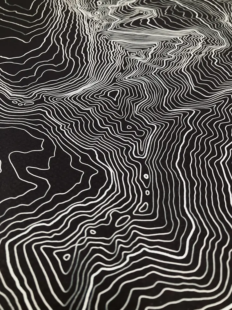Framed pen-plotted topographic map in the black colorway displayed in a real room, from the same series as this topographic map of Borah Peak, Idaho