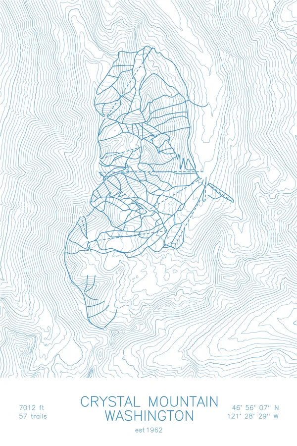 Pen-plotted topographic ski map of Crystal Mountain, Washington in blue ink on white paper