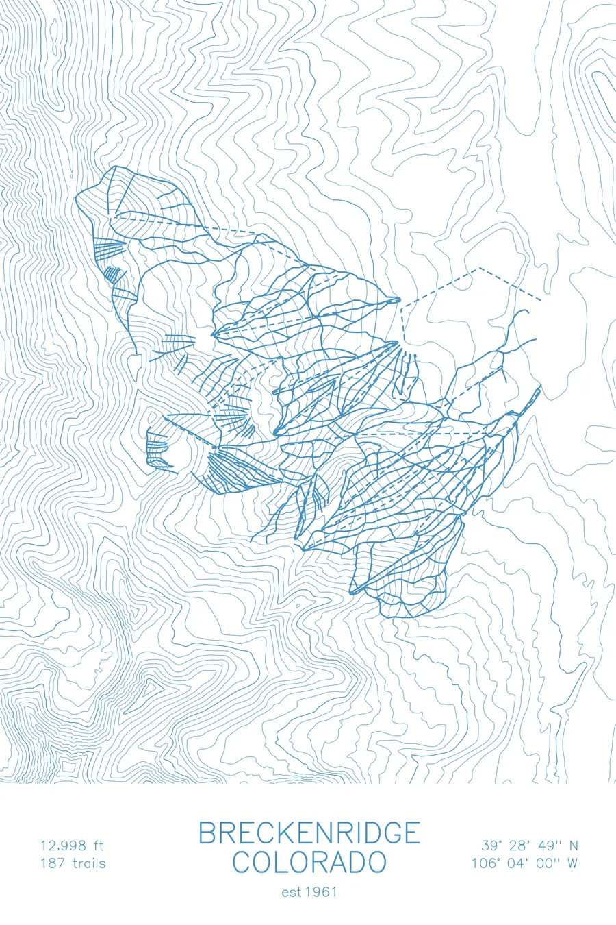 Pen-plotted topographic ski map of Breckenridge, Colorado in blue ink on white paper