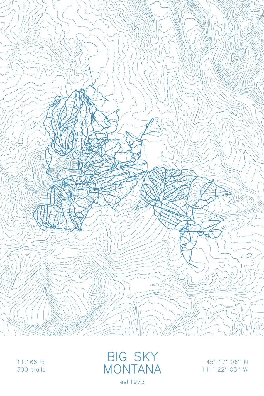 Pen-plotted topographic ski map of Big Sky, Montana in blue ink on white paper