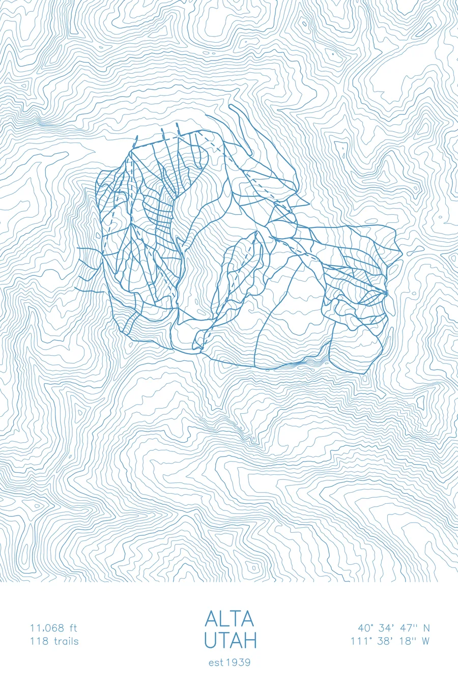 Pen-plotted topographic ski map of Alta, Utah in blue ink on white paper