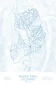 Pen-plotted topographic ski map of Winter Park, Colorado in blue ink on white paper