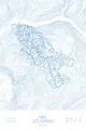 Pen-plotted topographic ski map of Vail, Colorado in blue ink on white paper