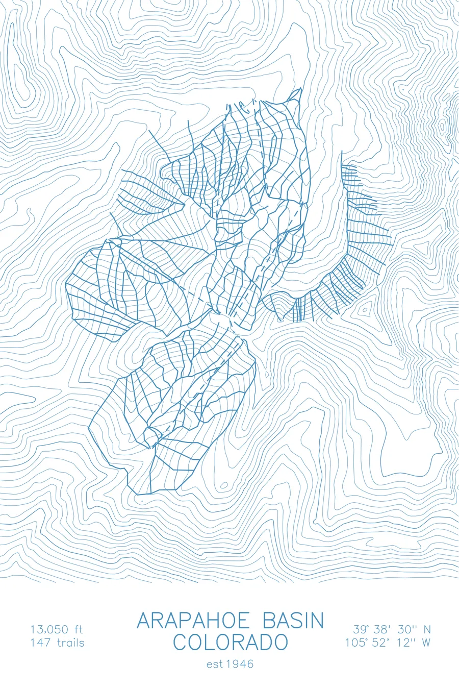 Pen-plotted topographic ski map of Arapahoe Basin, Colorado in blue ink on white paper