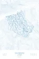 Pen-plotted topographic ski map of Snowbird, Utah in blue ink on white paper