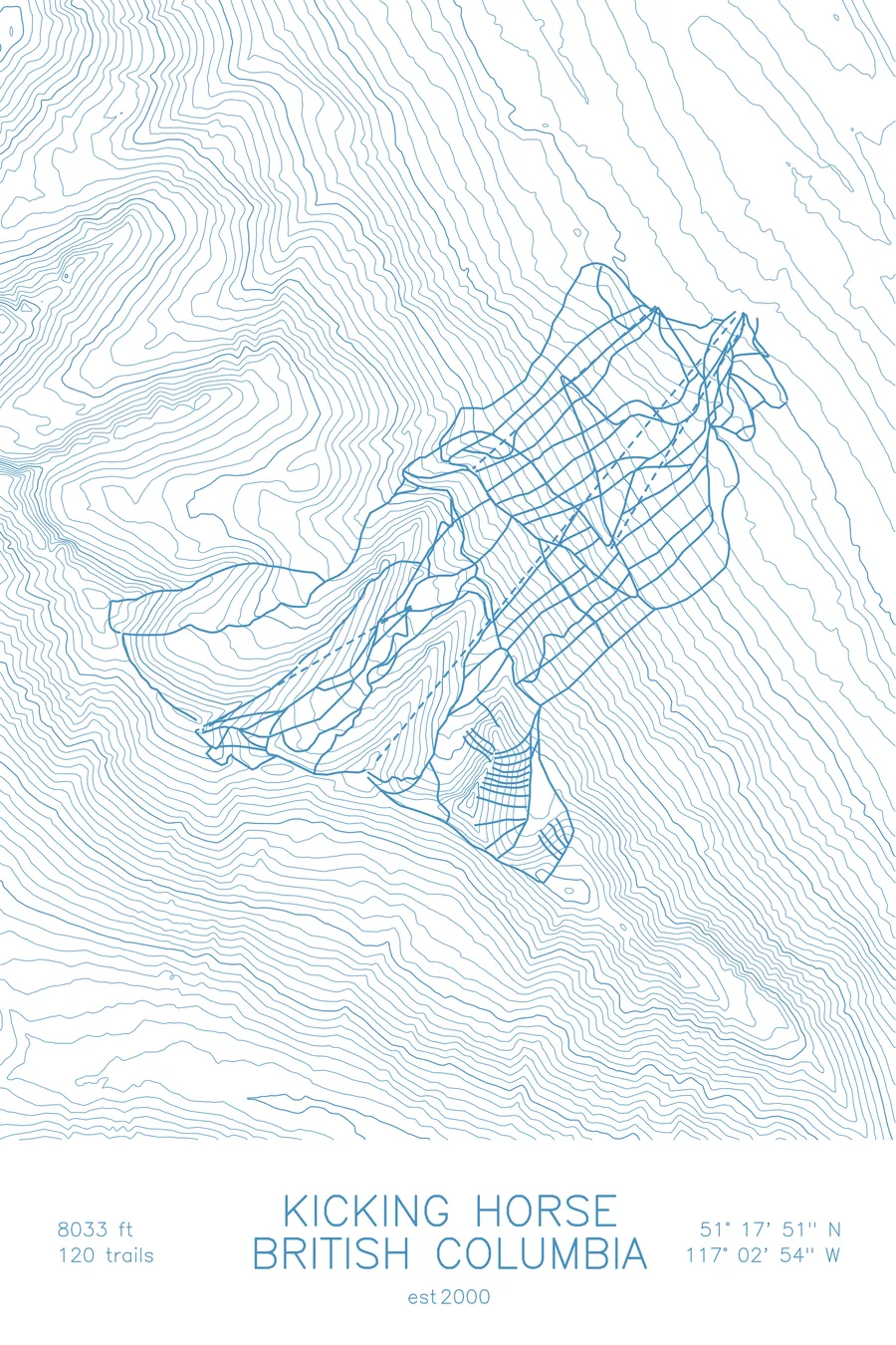 Pen-plotted topographic ski map of Kicking Horse, British Columbia in blue ink on white paper