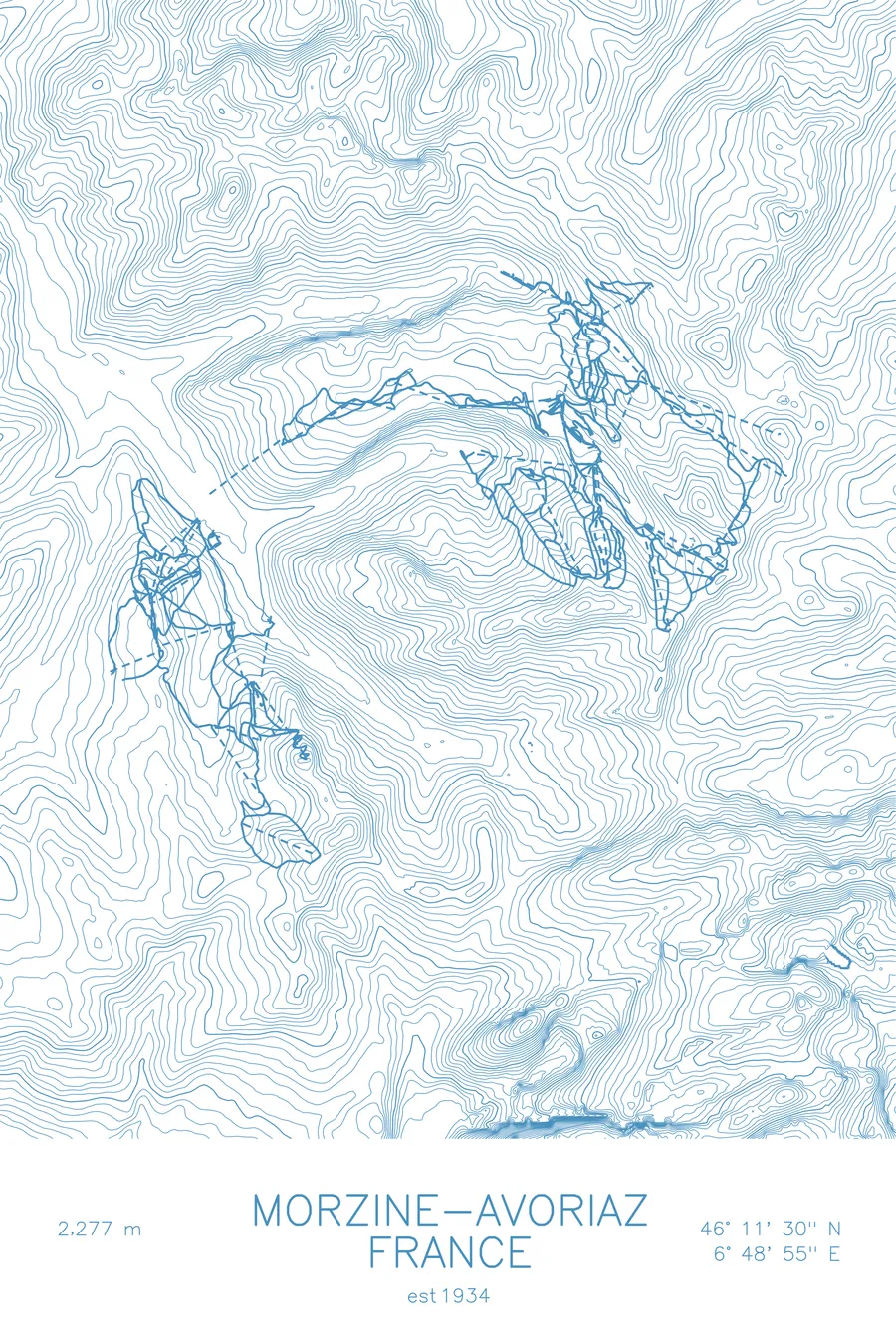 Pen-plotted topographic ski map of Morzine, France in blue ink on white paper