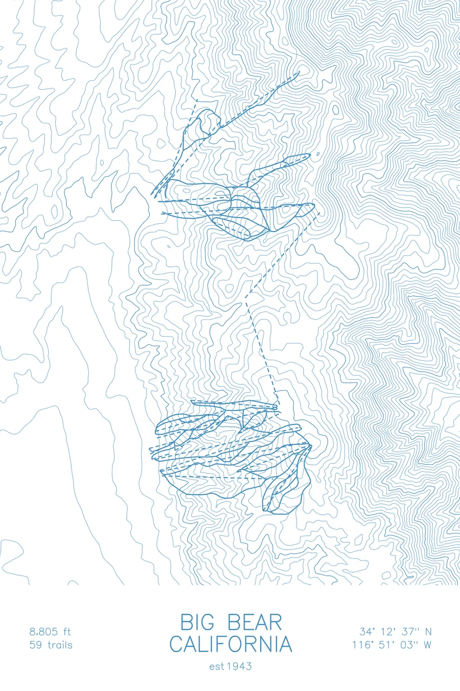Pen-plotted topographic ski map of Big Bear, California in blue ink on white paper