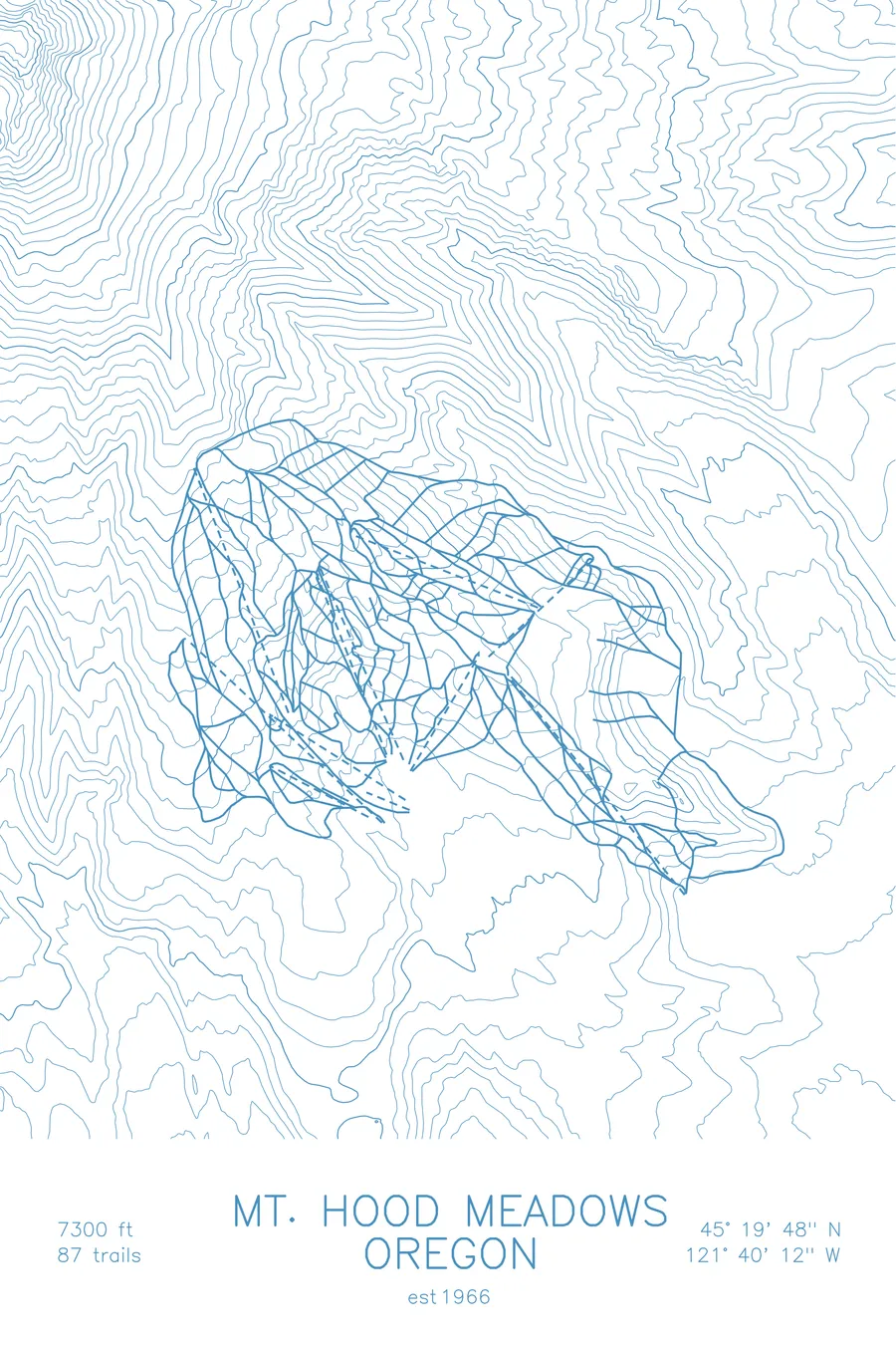 Pen-plotted topographic ski map of Mount Hood Meadows, Oregon in blue ink on white paper