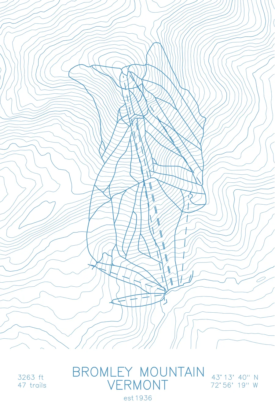 Pen-plotted topographic ski map of Bromley Mountain, Vermont in blue ink on white paper