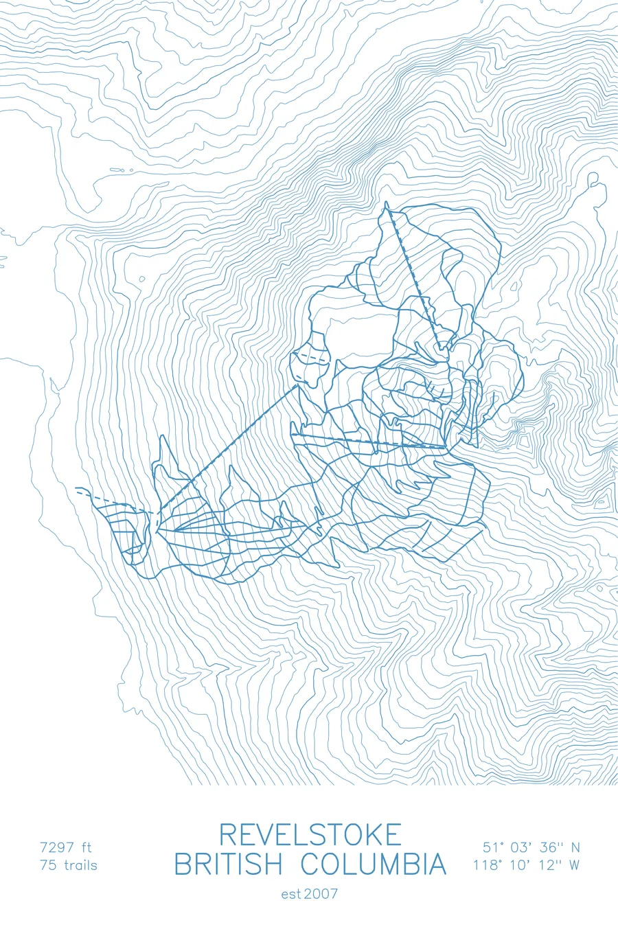 Pen-plotted topographic ski map of Revelstoke, British Columbia in blue ink on white paper