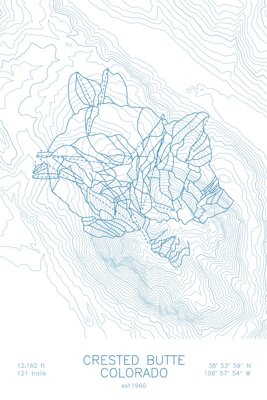 Pen-plotted topographic ski map of Crested Butte, Colorado in blue ink on white paper