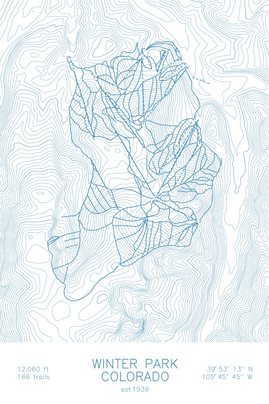Pen-plotted topographic ski map of Winter Park, Colorado in blue ink on white paper