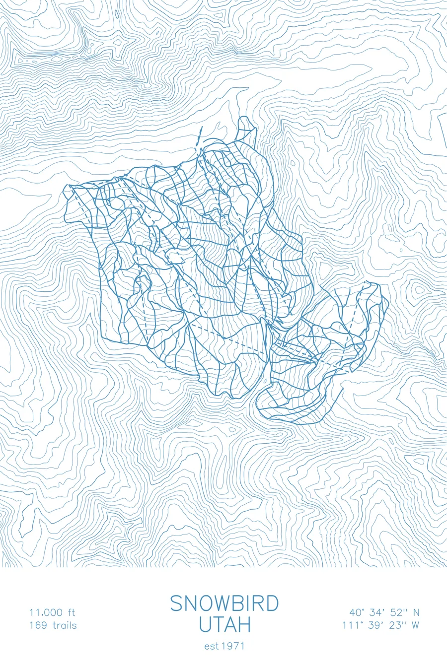 Pen-plotted topographic ski map of Snowbird, Utah in blue ink on white paper