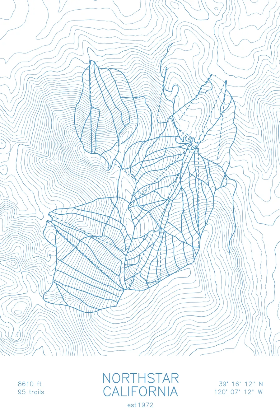 Pen-plotted topographic ski map of Northstar California, California in blue ink on white paper