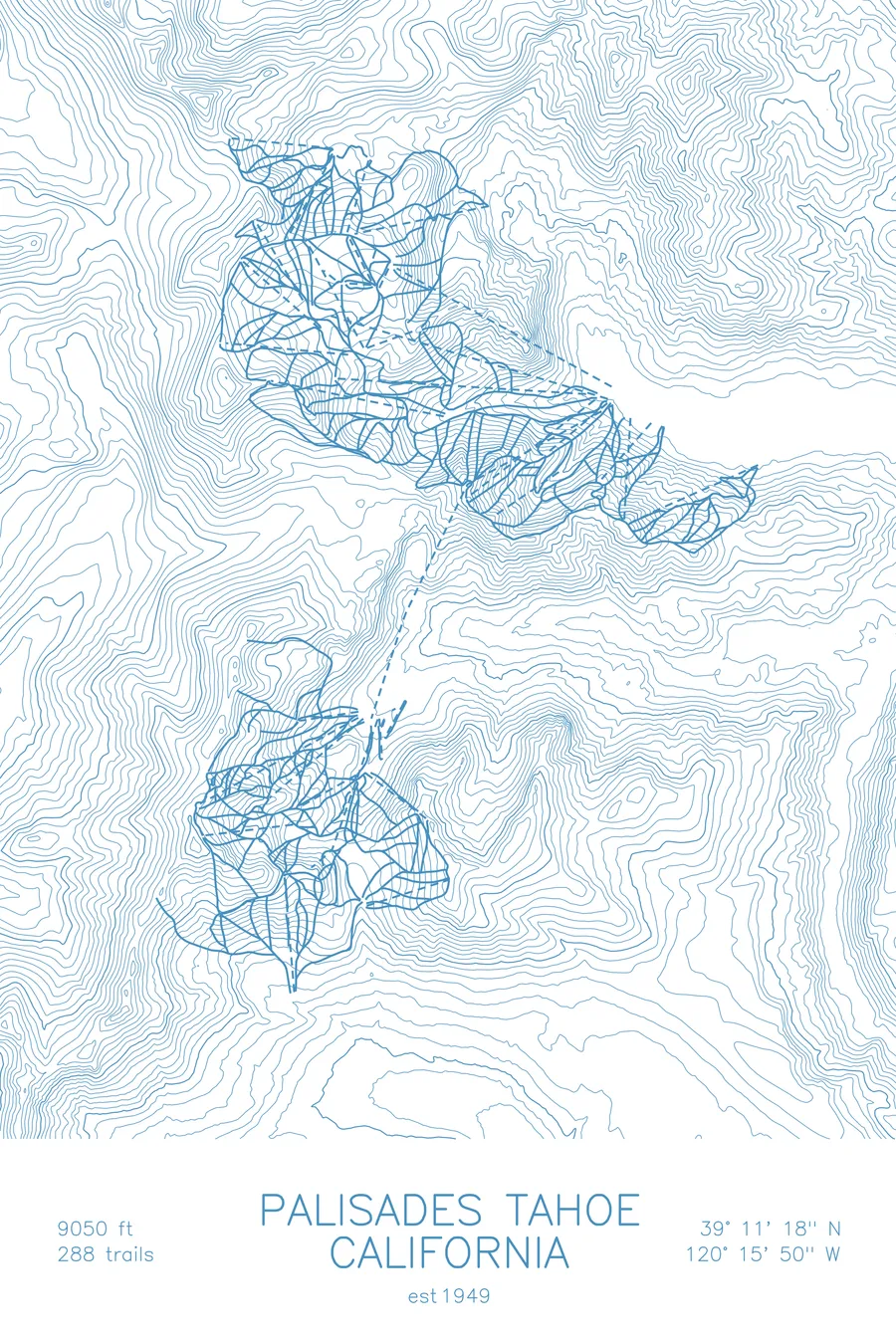Pen-plotted topographic ski map of Palisades Tahoe, California in blue ink on white paper