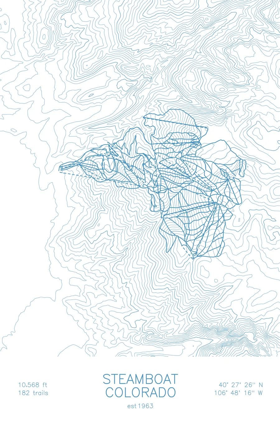 Pen-plotted topographic ski map of Steamboat, Colorado in blue ink on white paper