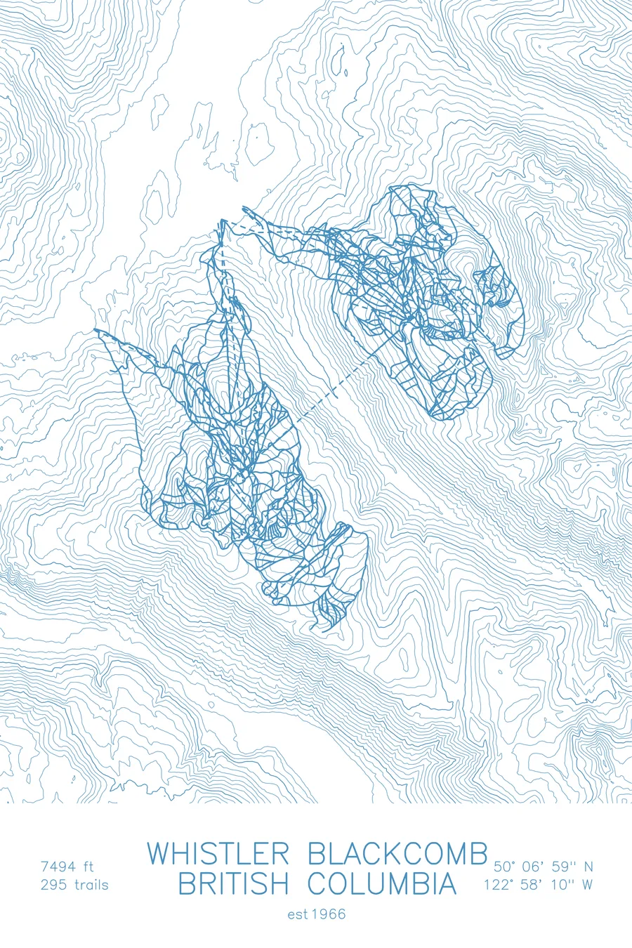 Pen-plotted topographic ski map of Whistler Blackcomb, British Columbia in blue ink on white paper