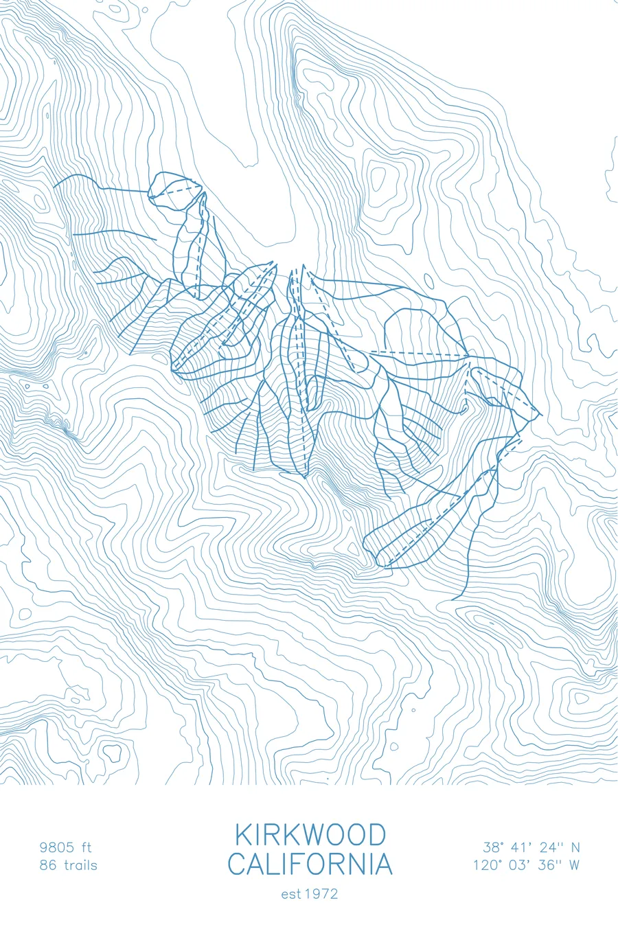 Pen-plotted topographic ski map of Kirkwood, California in blue ink on white paper