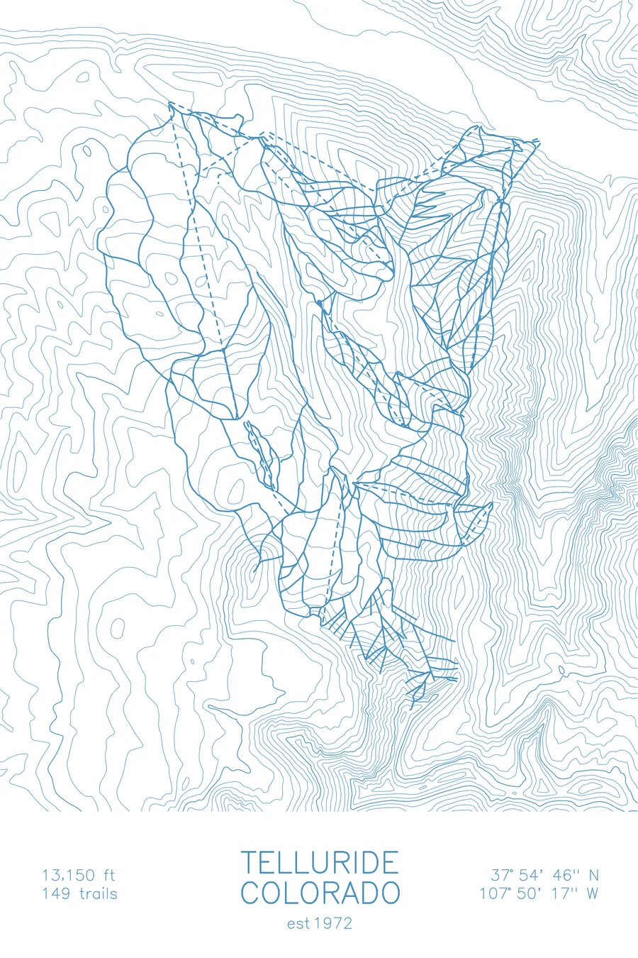 Pen-plotted topographic ski map of Telluride, Colorado in blue ink on white paper