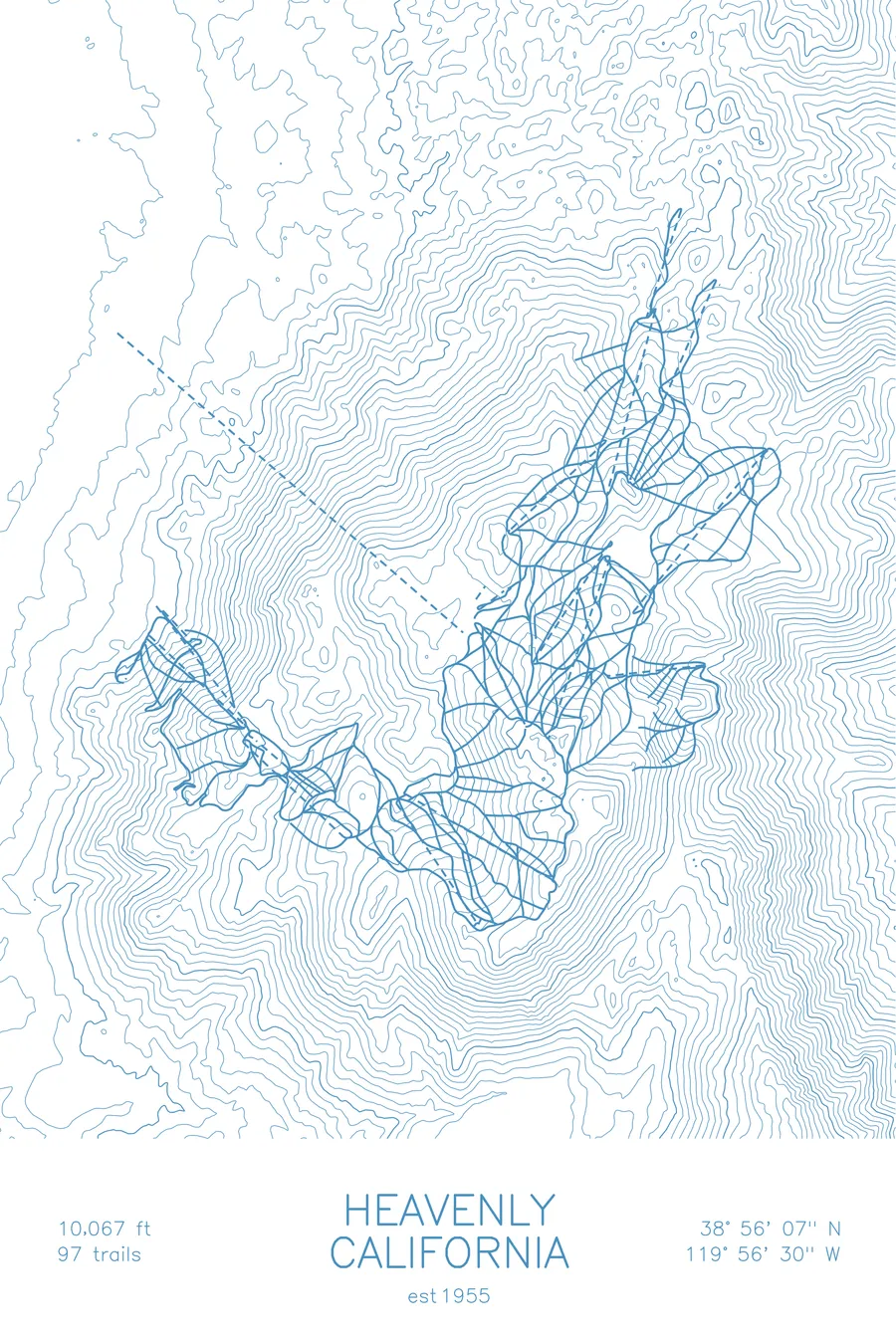 Pen-plotted topographic ski map of Heavenly, California in blue ink on white paper