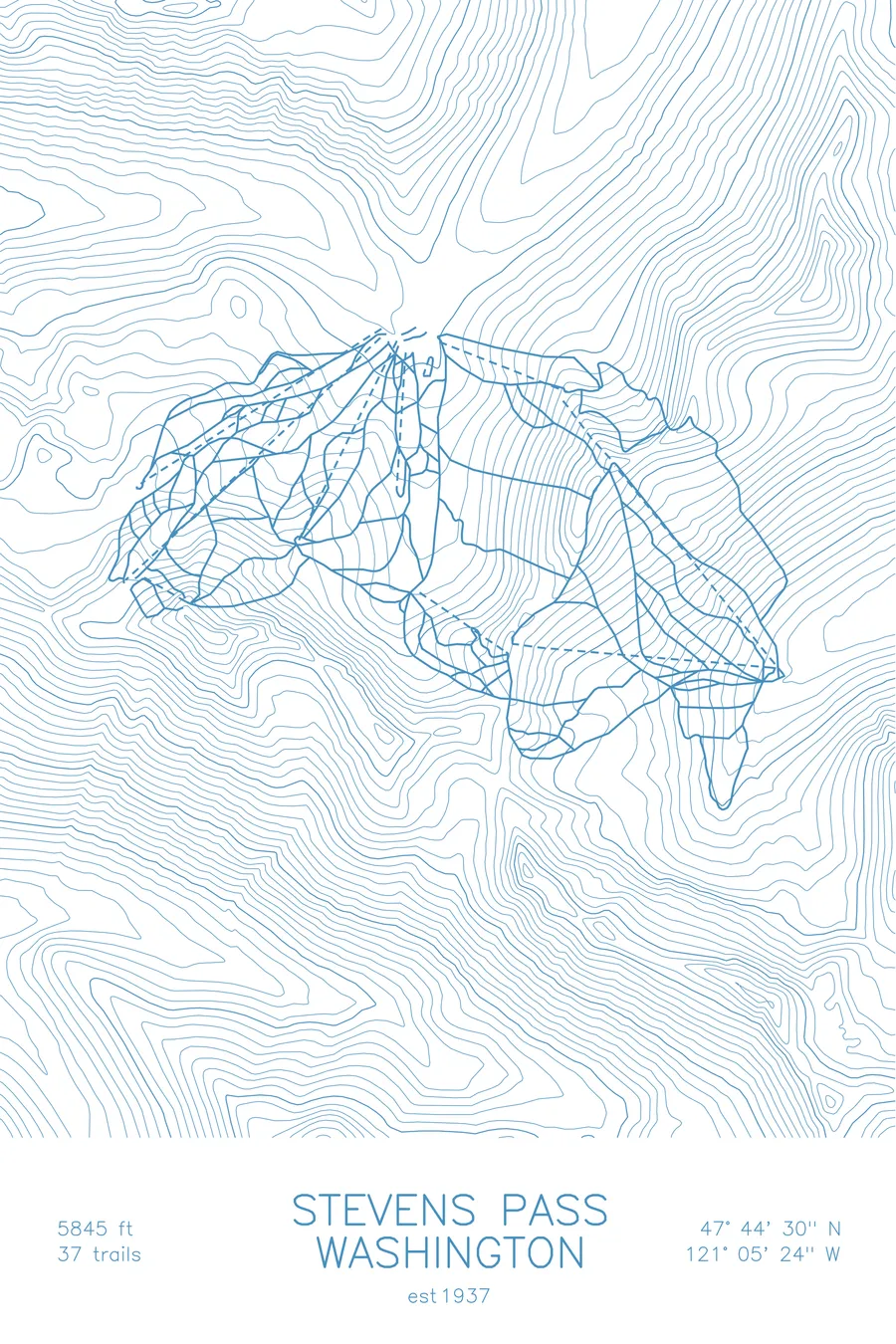 Pen-plotted topographic ski map of Stevens Pass, Washington in blue ink on white paper