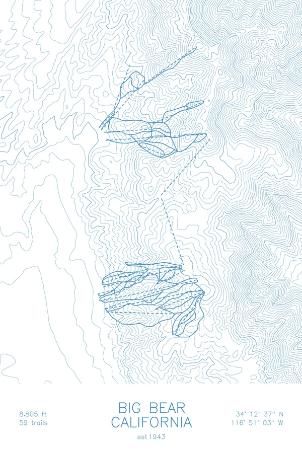 Pen-plotted topographic ski map of Big Bear, California in blue ink on white paper