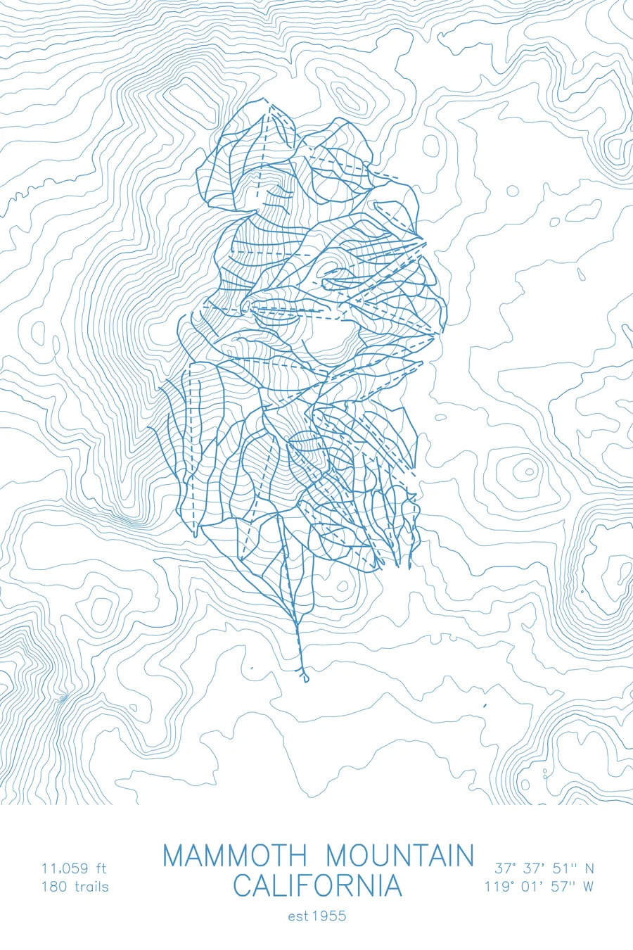 Pen-plotted topographic ski map of Mammoth Mountain, California in blue ink on white paper