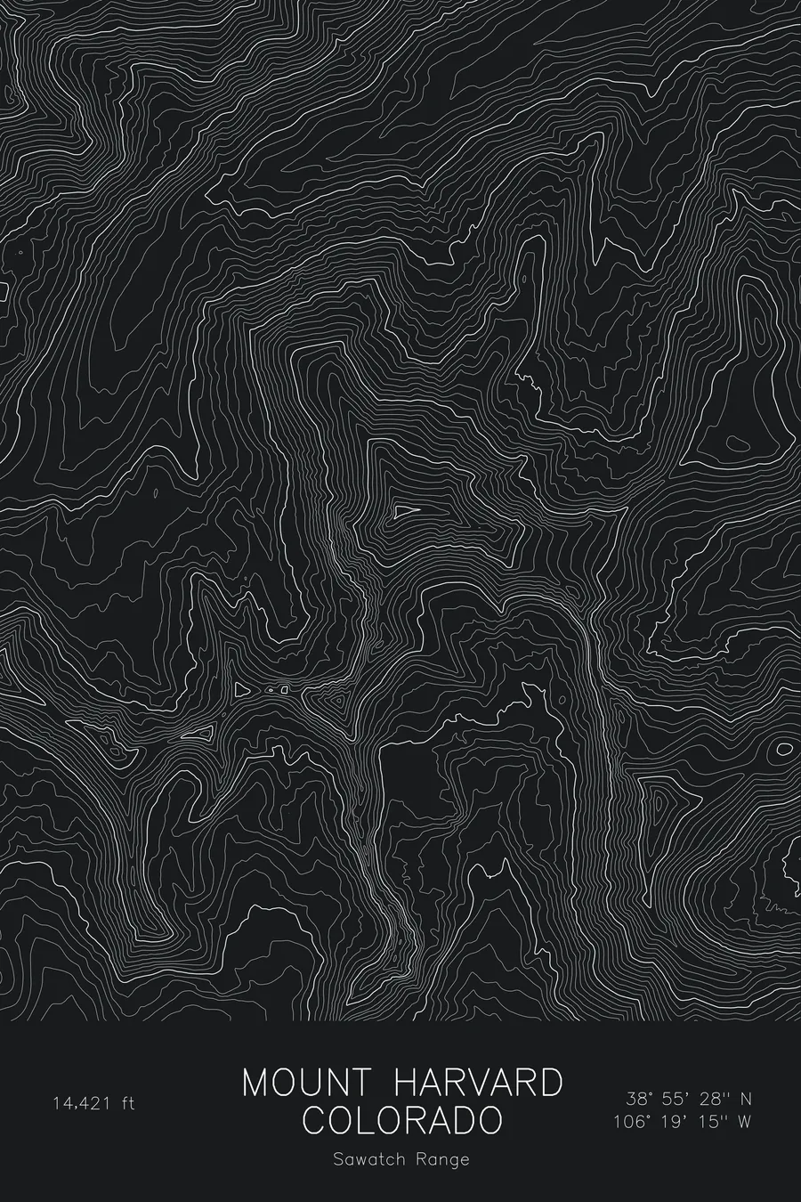 Pen-plotted topographic map of Mount Harvard, Colorado in white ink on black paper