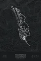 Pen-plotted mountain bike trail map of Snowmass Bike Park, Colorado in white ink on black paper