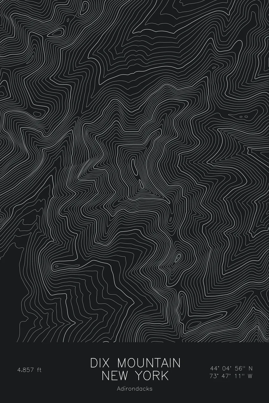 Pen-plotted topographic map of Dix Mountain, New York in white ink on black paper