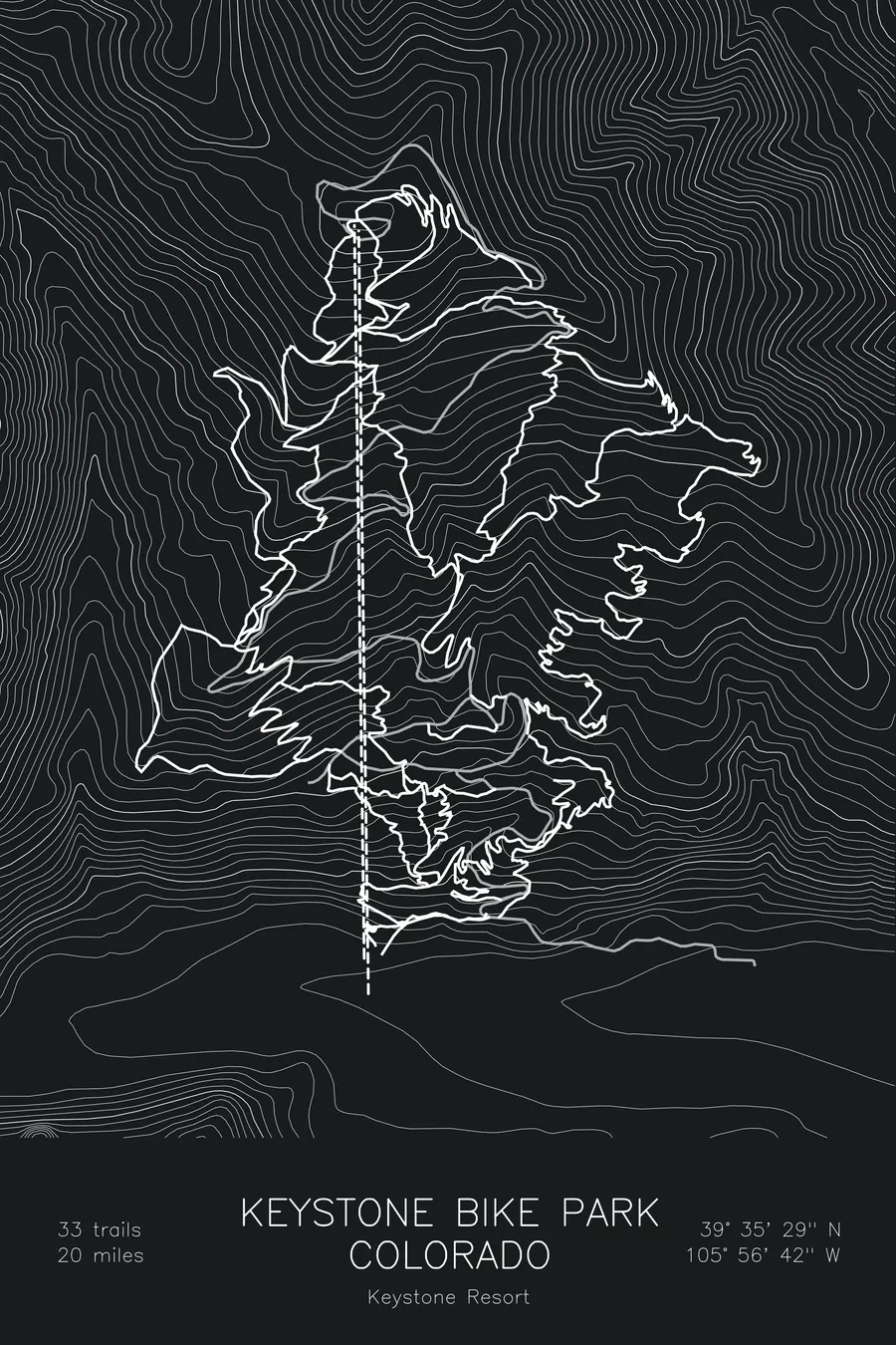 Pen-plotted mountain bike trail map of Keystone Bike Park, Colorado in white ink on black paper