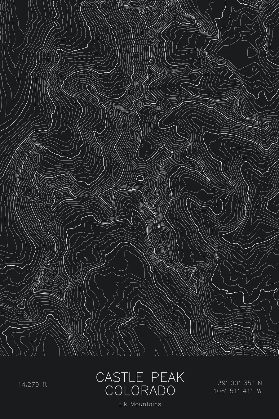 Pen-plotted topographic map of Castle Peak, Colorado in white ink on black paper