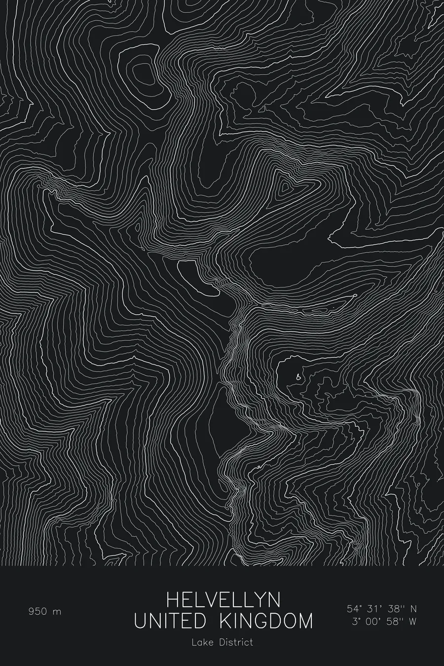 Pen-plotted topographic map of Helvellyn, United Kingdom in white ink on black paper