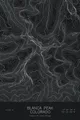 Pen-plotted topographic map of Blanca Peak, Colorado in white ink on black paper