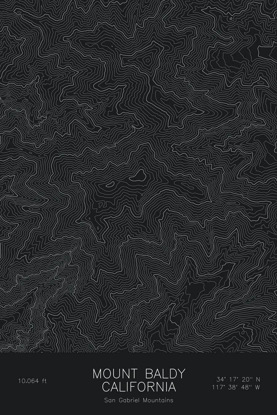 Pen-plotted topographic map of Mount Baldy, California in white ink on black paper