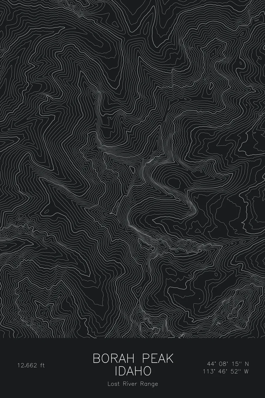 Pen-plotted topographic map of Borah Peak, Idaho in white ink on black paper