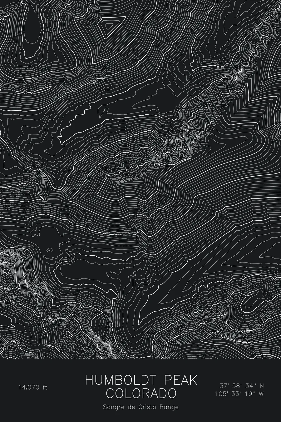 Pen-plotted topographic map of Humboldt Peak, Colorado in white ink on black paper