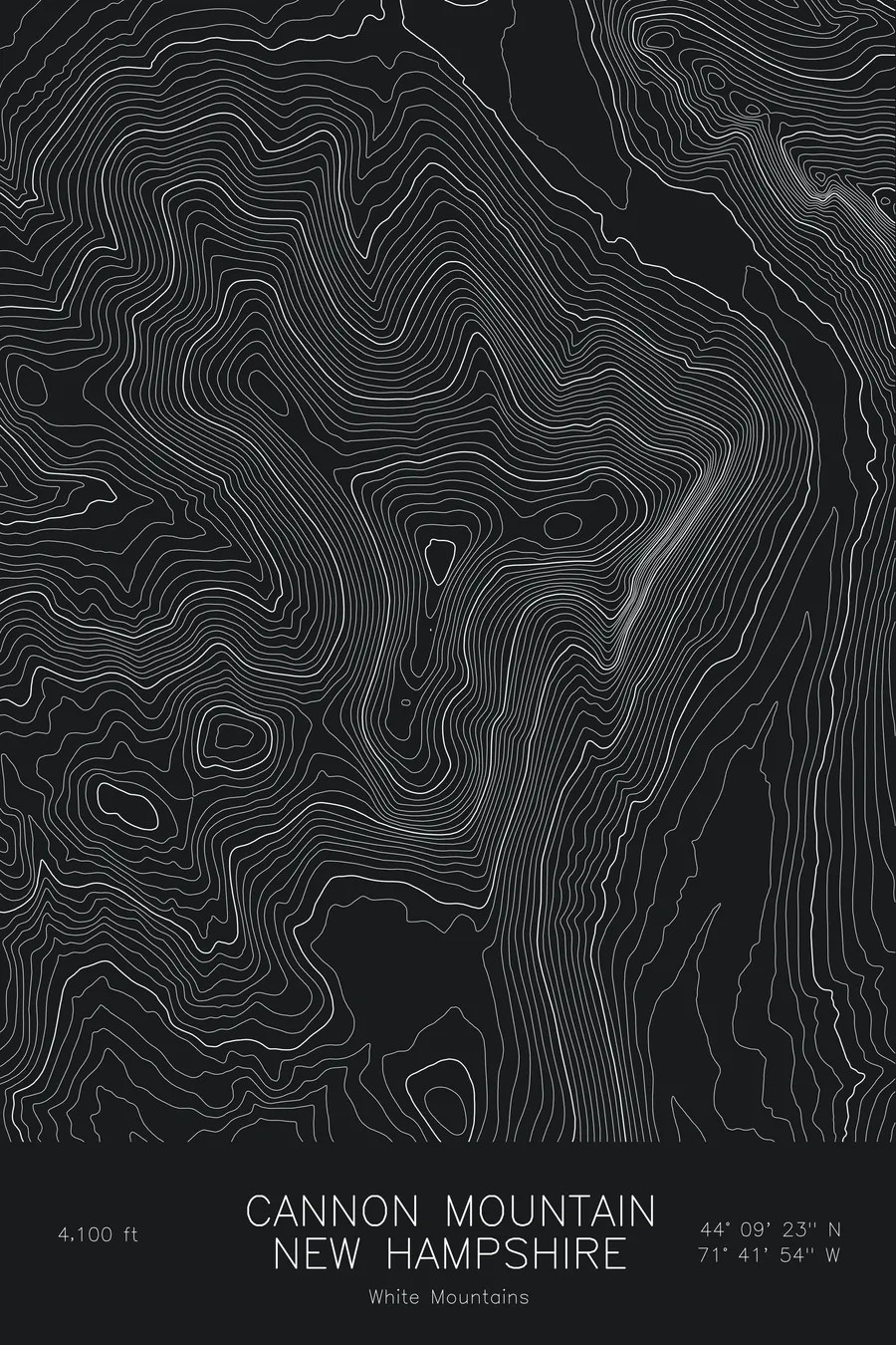 Pen-plotted topographic map of Cannon Mountain, New Hampshire in white ink on black paper