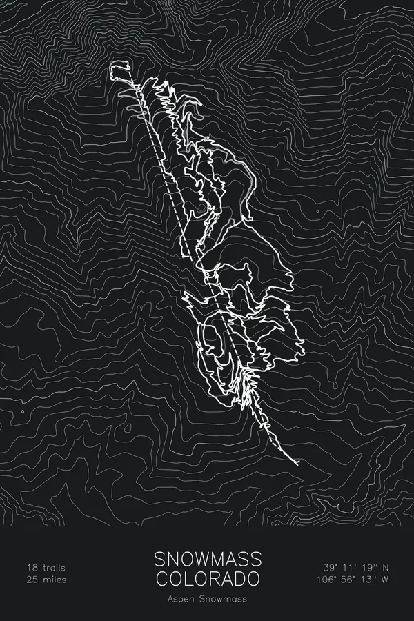 Pen-plotted mountain bike trail map of Snowmass Bike Park, Colorado in white ink on black paper