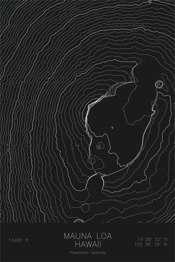 Pen-plotted topographic map of Mauna Loa, Hawaii in white ink on black paper