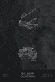 Pen-plotted topographic ski map of Big Bear, California in white ink on black paper