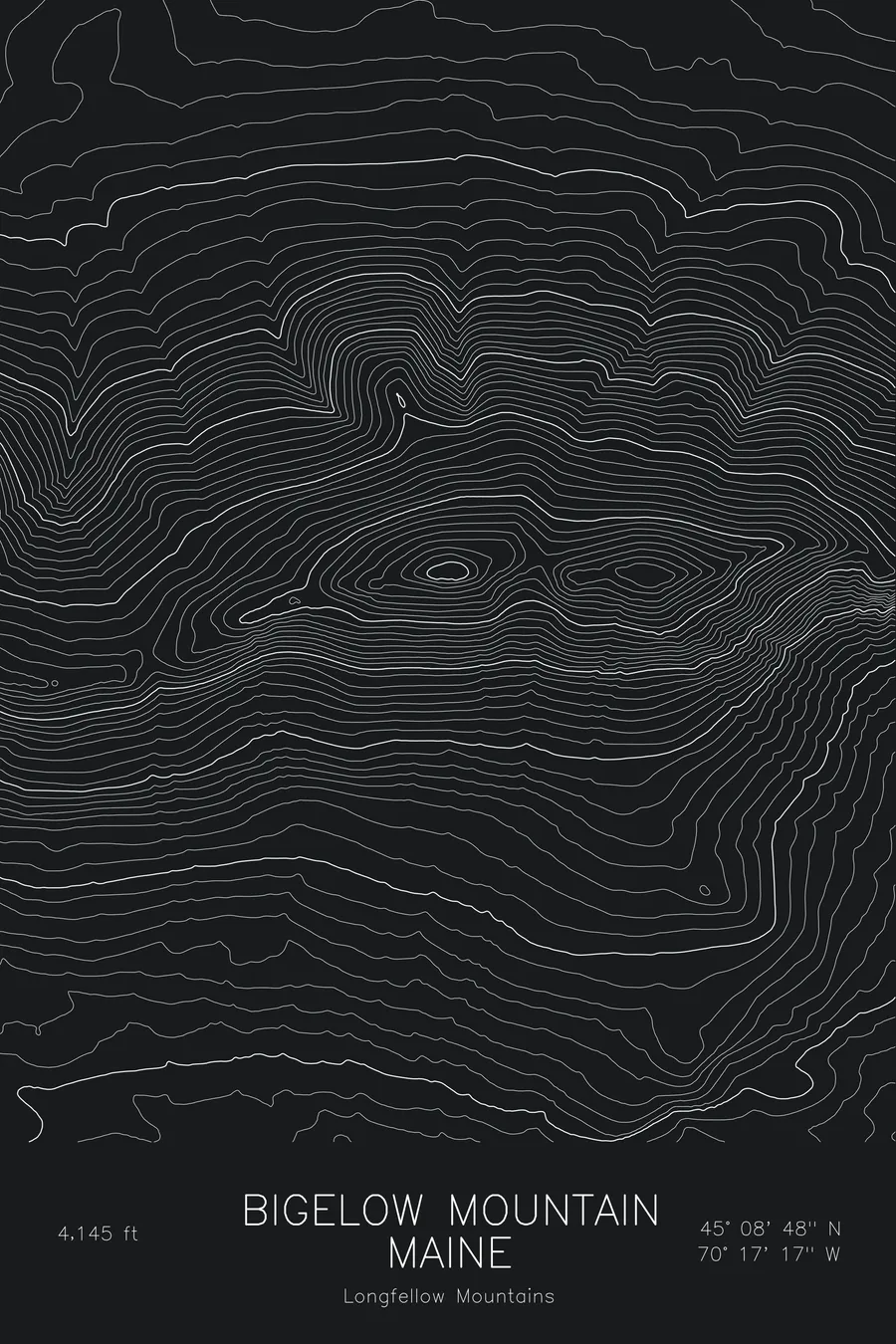 Pen-plotted topographic map of Bigelow Mountain, Maine in white ink on black paper