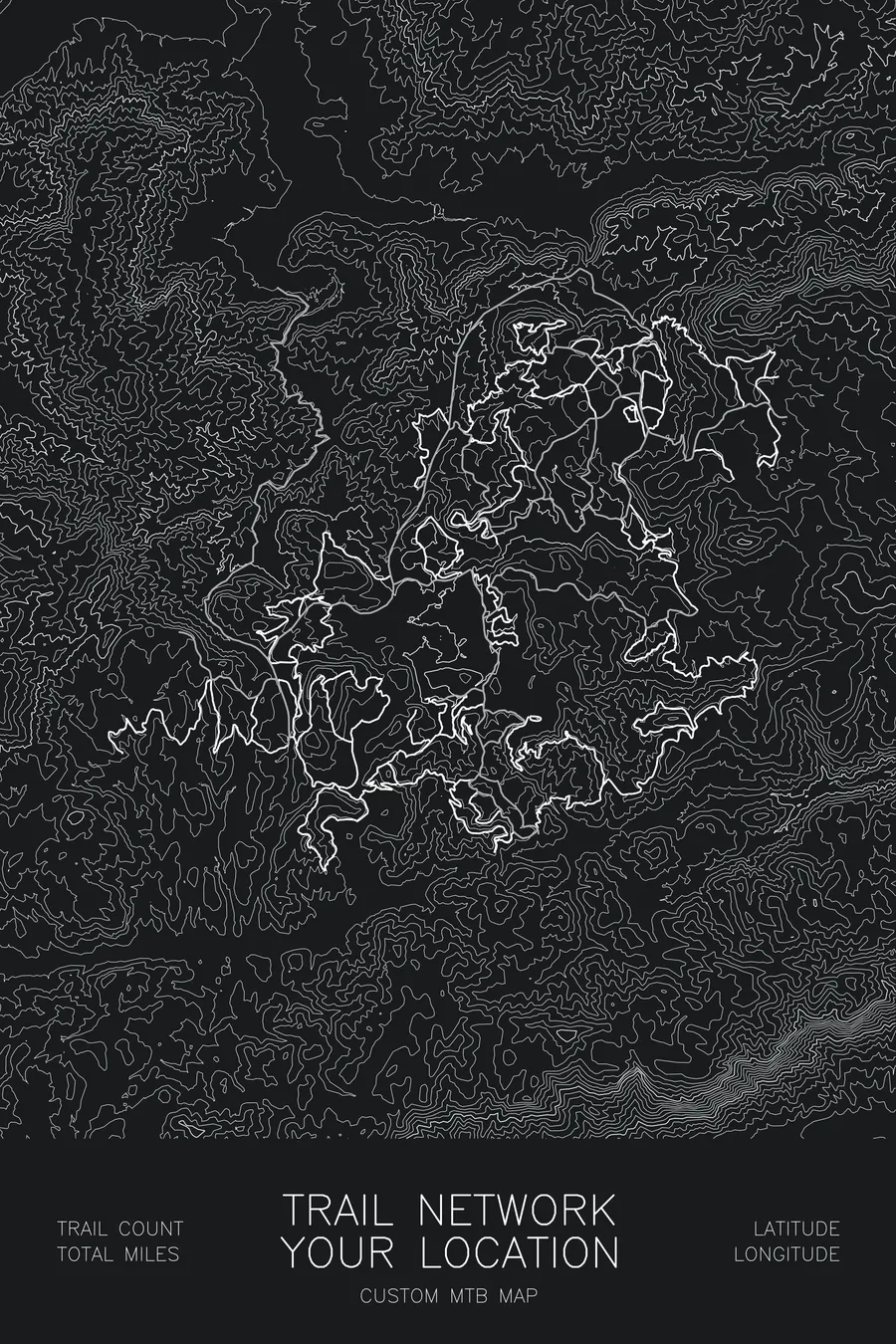 Custom Mountain Bike Trail Map, Black colorway
