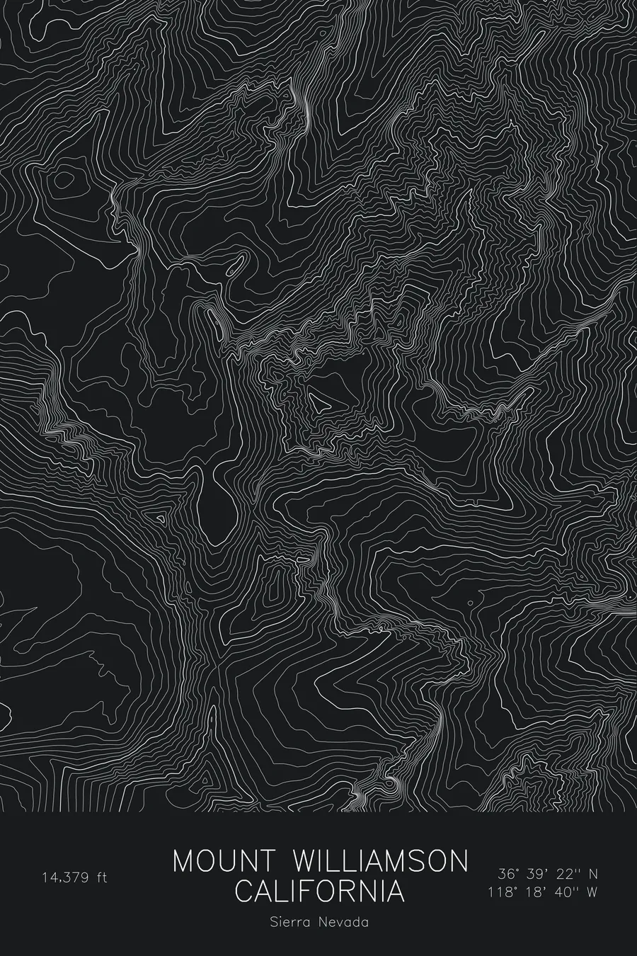 Pen-plotted topographic map of Mount Williamson, California in white ink on black paper