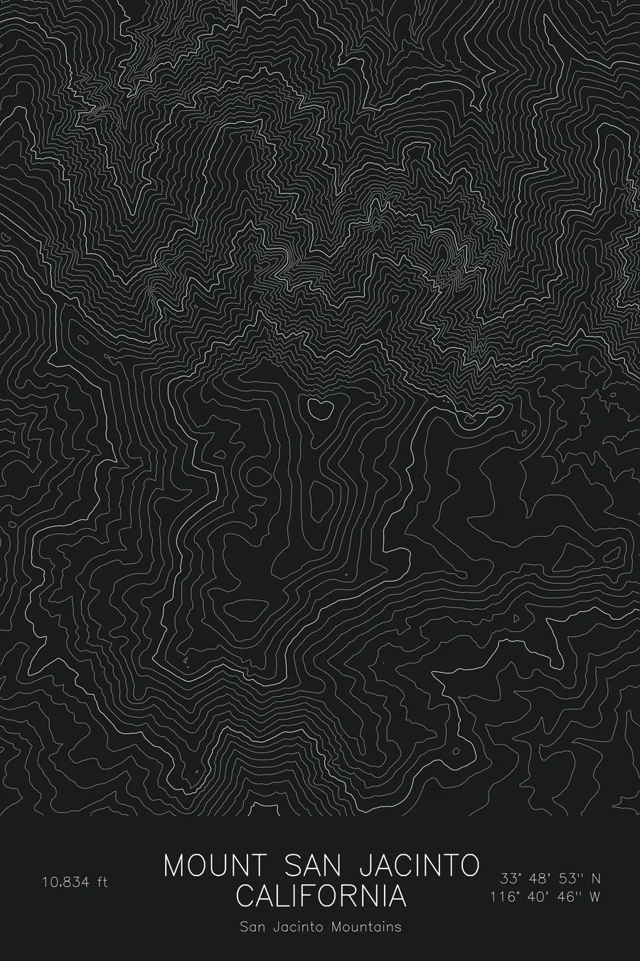 Pen-plotted topographic map of Mount San Jacinto, California in white ink on black paper