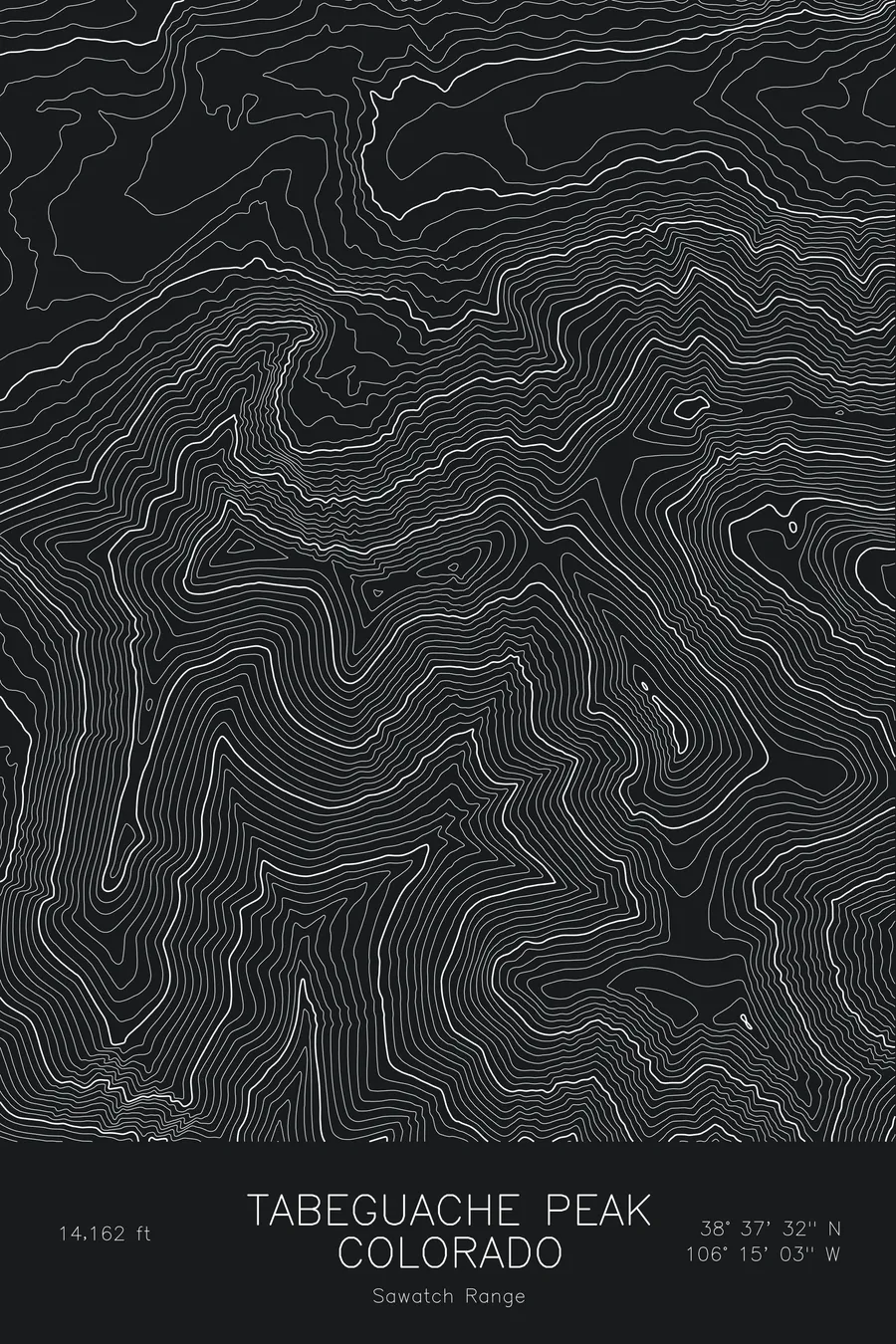 Pen-plotted topographic map of Tabeguache Peak, Colorado in white ink on black paper