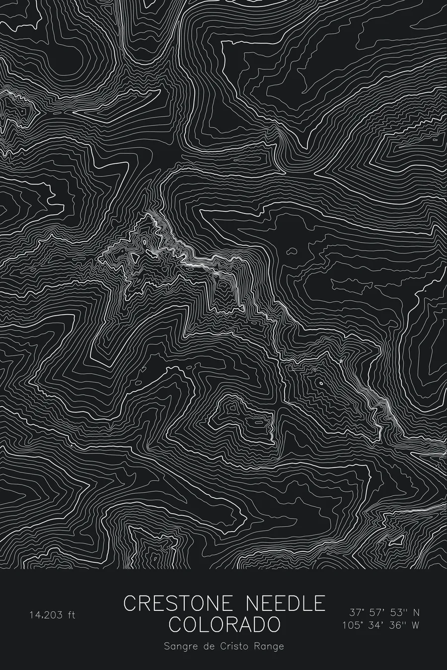 Pen-plotted topographic map of Crestone Needle, Colorado in white ink on black paper