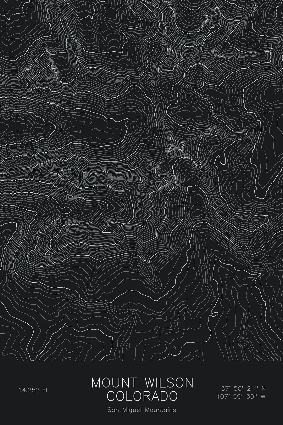 Pen-plotted topographic map of Mount Wilson, Colorado in white ink on black paper