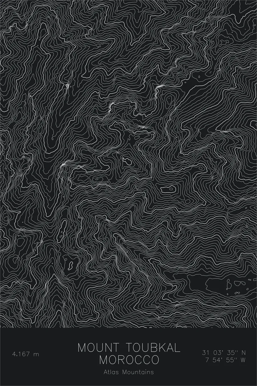 Pen-plotted topographic map of Mount Toubkal, Morocco in white ink on black paper